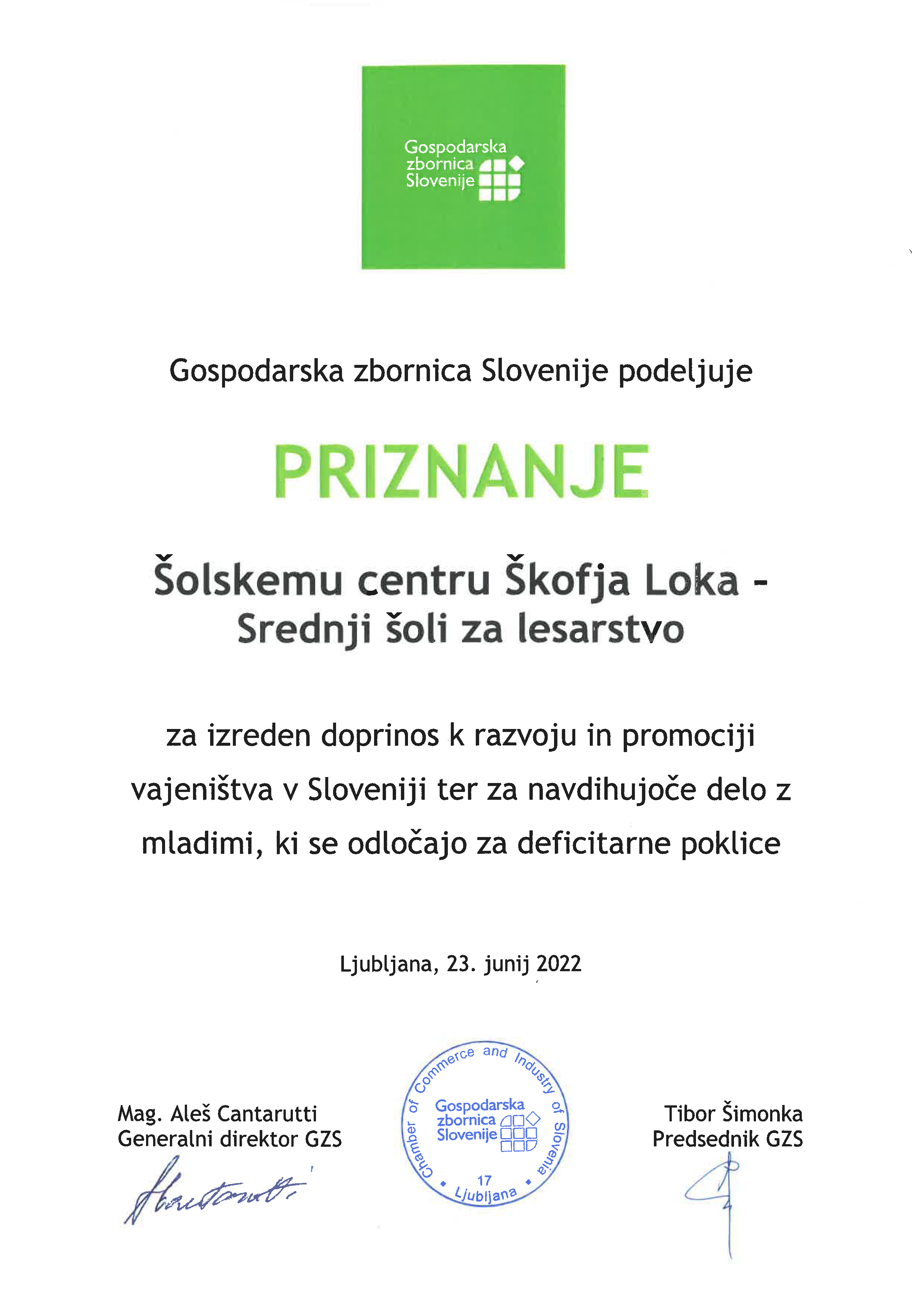 Priznanje GZS za vajeništvo Srednji šoli za lesarstvo ŠCŠL (junij 2022)